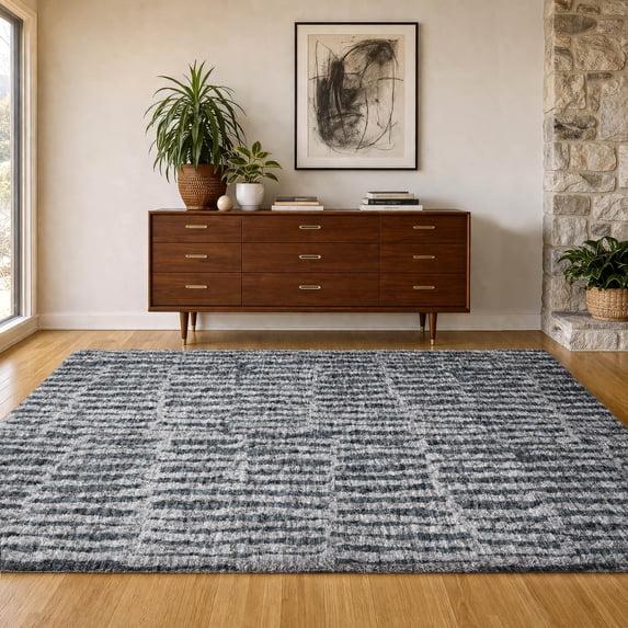 Addison Rugs Dream Shag Premium Machine Washable Transitional Striped Charcoal Rectangle Rug, 8' x 10'