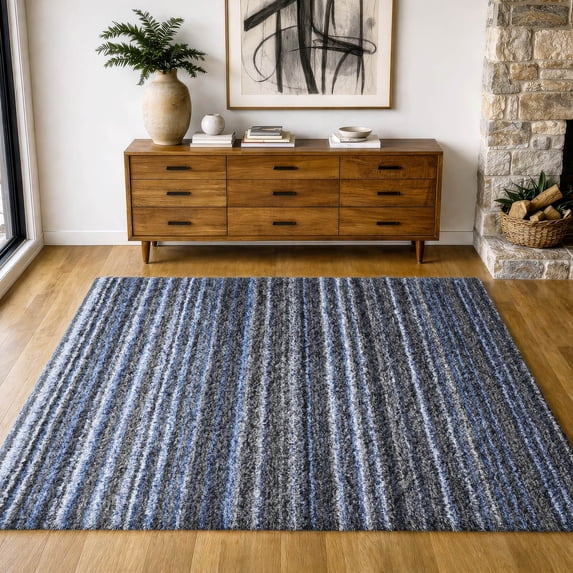 Addison Rugs Dream Shag Premium Machine Washable Transitional Stripes Blue Rectangle Rug, 10' x 14'