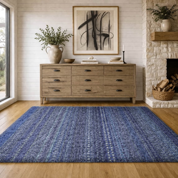 Addison Rugs Dream Shag Premium Machine Washable Transitional Stripes Navy Rectangle Rug, 8' x 10'