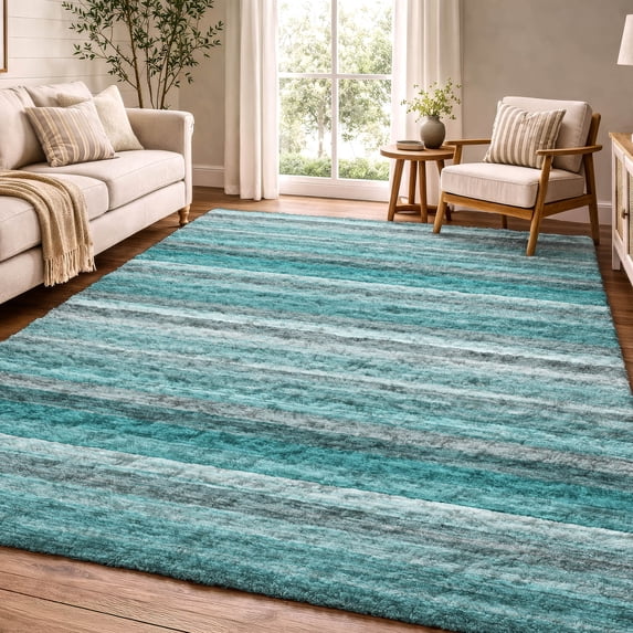Addison Rugs Dream Shag Premium Machine Washable Transitional Stripes Teal Rectangle Rug, 5' x 7'6"