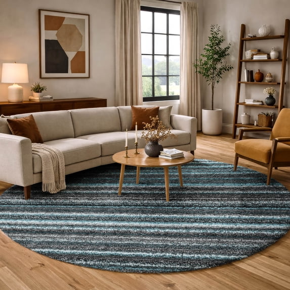Addison Rugs Dream Shag Premium Machine Washable Transitional Stripes Teal Round Rug, 8' x 8'