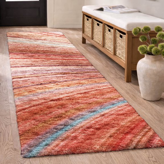 Addison Rugs Dream Shag Premium Machine Washable Transitional Stripes Terracotta Runner Rug, 2'3" x 7'6"