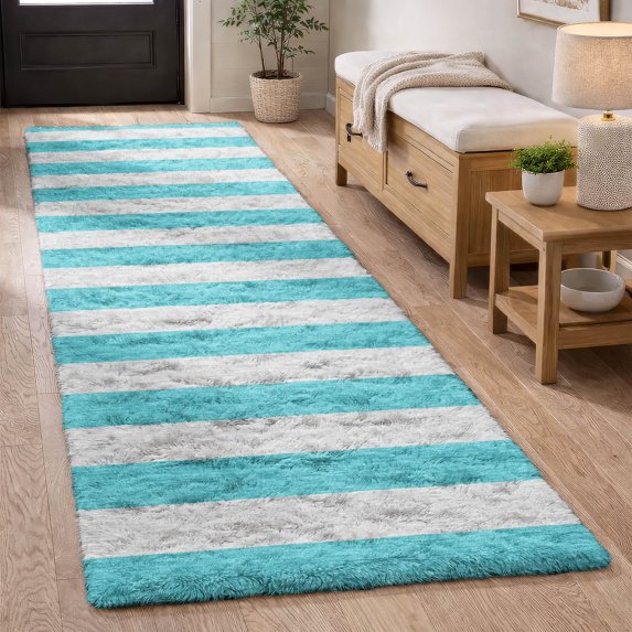 Addison Rugs Dream Shag Premium Machine Washable Transitional Stripes Turquoise Runner Rug, 2'3" x 7'6"
