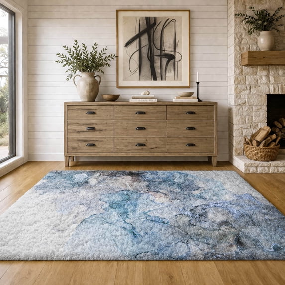 Addison Rugs Dream Shag Premium Machine Washable Transitional Watercolors Blue Rectangle Rug, 10' x 14'