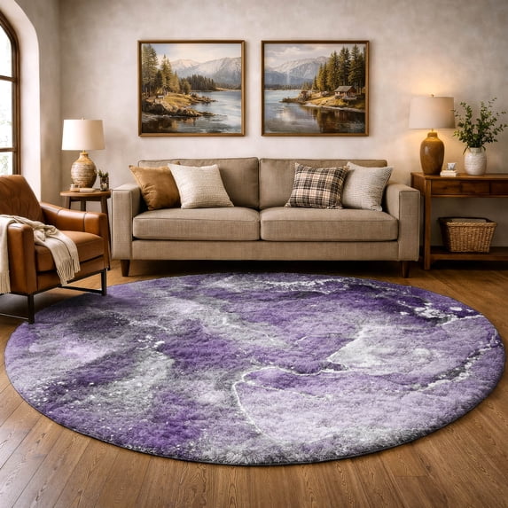 Addison Rugs Dream Shag Premium Machine Washable Transitional Watercolors Purple Round Rug, 8' x 8'