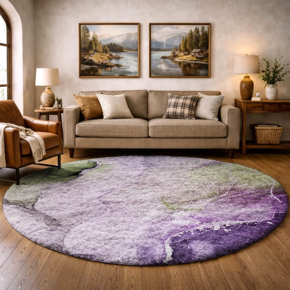 Addison Rugs Dream Shag Premium Machine Washable Transitional Watercolors Purple Round Rug, 8' x 8'