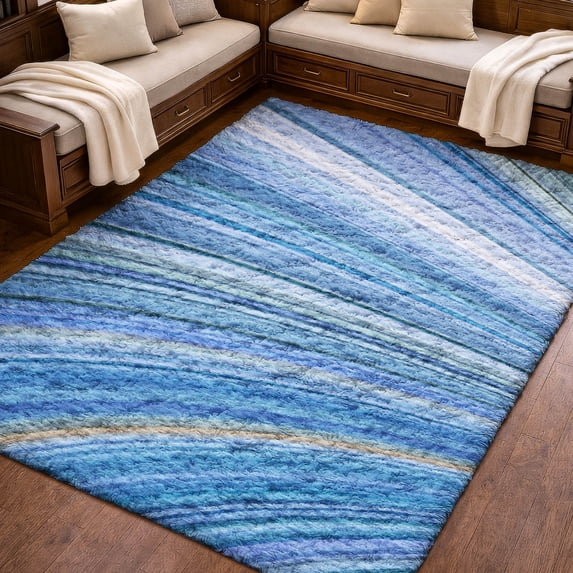 Addison Rugs Dream Shag Premium Machine Washable Transitional Waves Blue Rectangle Rug, 10' x 14'