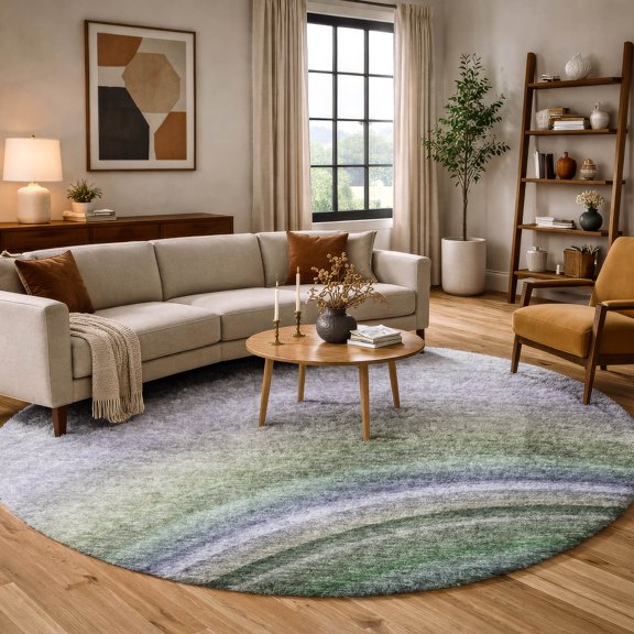 Addison Rugs Dream Shag Premium Machine Washable Transitional Waves Teal Round Rug, 8' x 8'