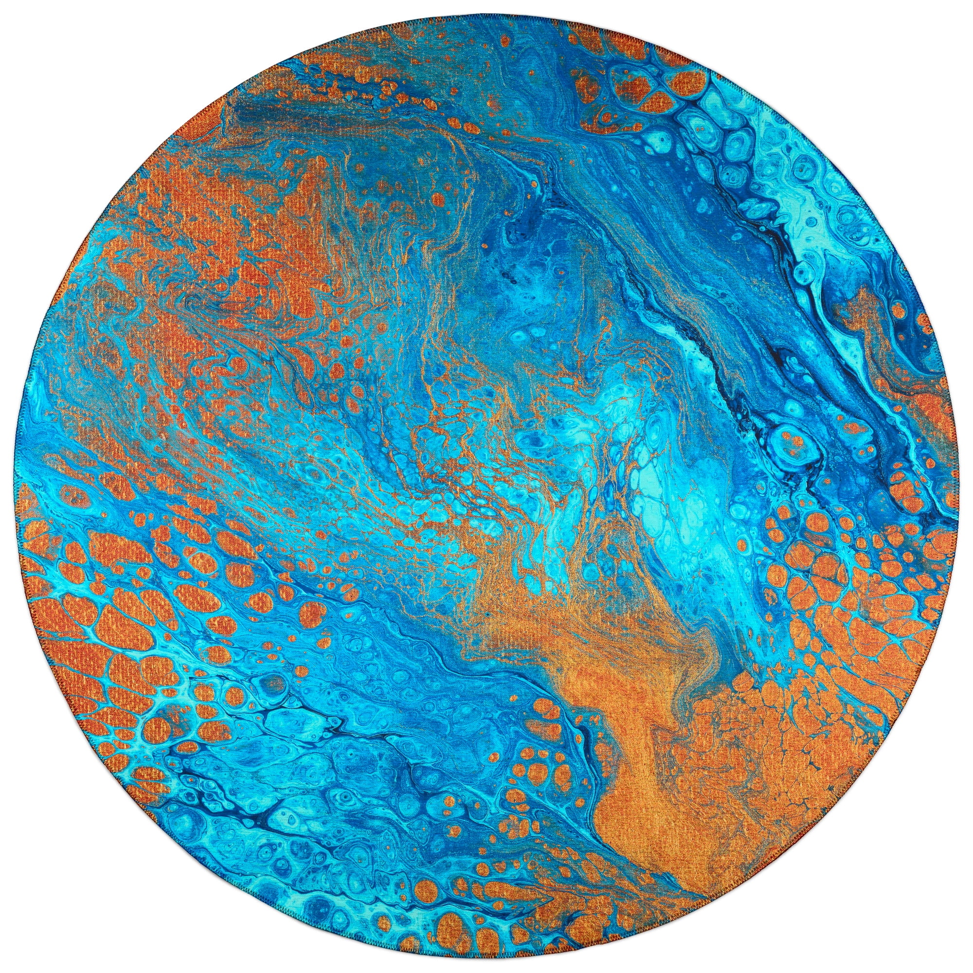 Karina Blue and Orange Abstract 8' Round Chenille Area Rug