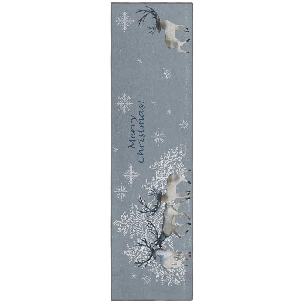 Gray Christmas Reindeer Washable Polyester Runner Rug
