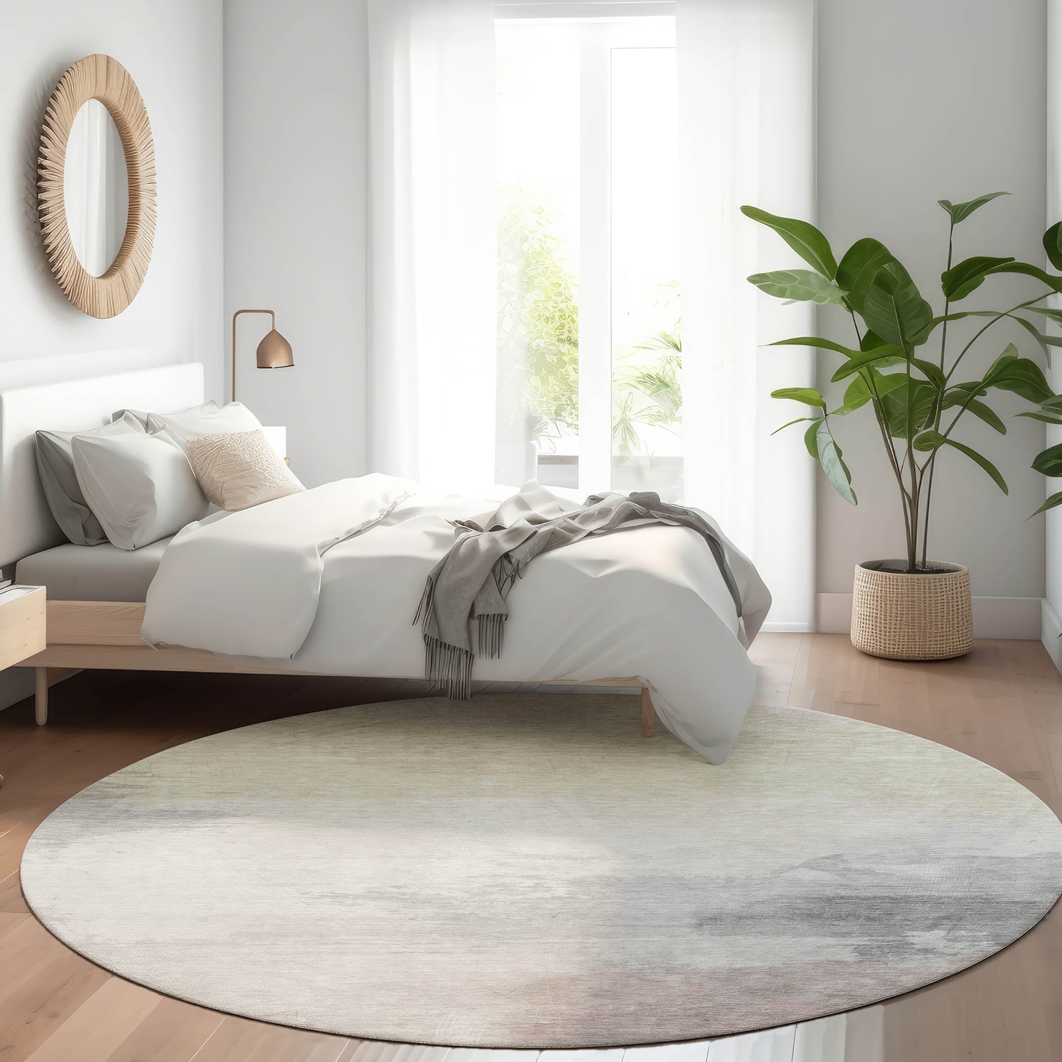 Round 8' Gray and Beige Synthetic Washable Rug