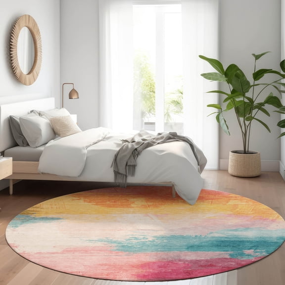 Addison Rugs Chantille Indoor/Outdoor Transitional Modern Pink Washable Round Rug, 8' x 8'