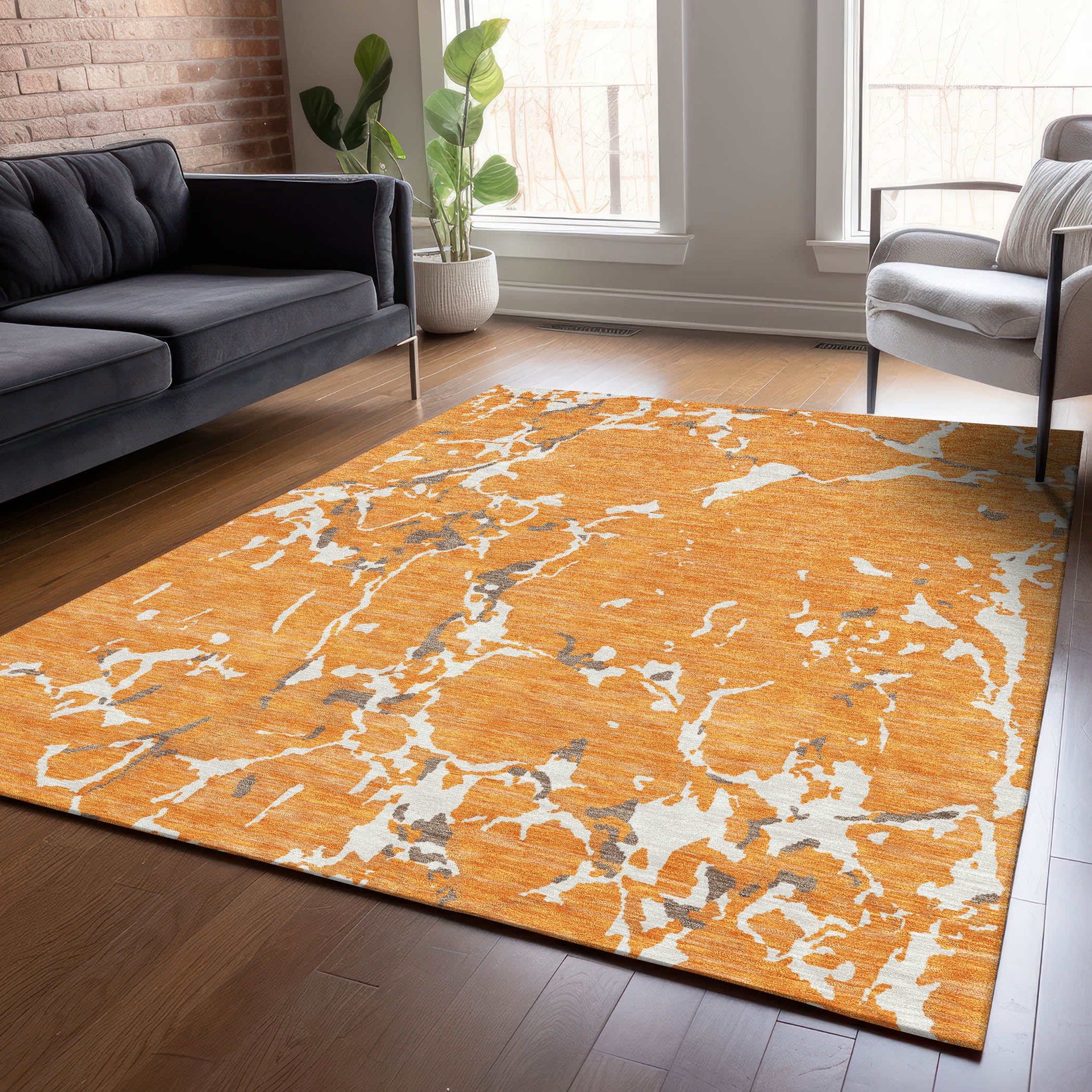 Orange and Gray Synthetic Flat Woven Washable Rectangular Rug