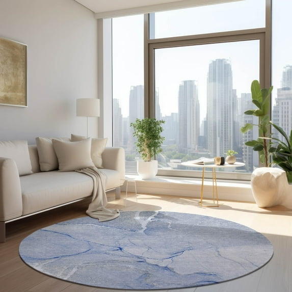 Addison Rugs Chantille Indoor/Outdoor Transitional Watercolors Blue Washable Round Rug, 8' x 8'