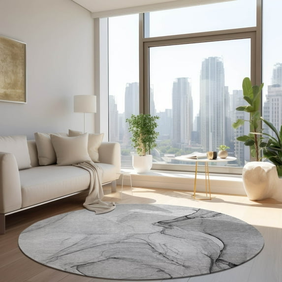 Addison Rugs Chantille Indoor/Outdoor Transitional Watercolors Gray Washable Round Rug, 8' x 8'