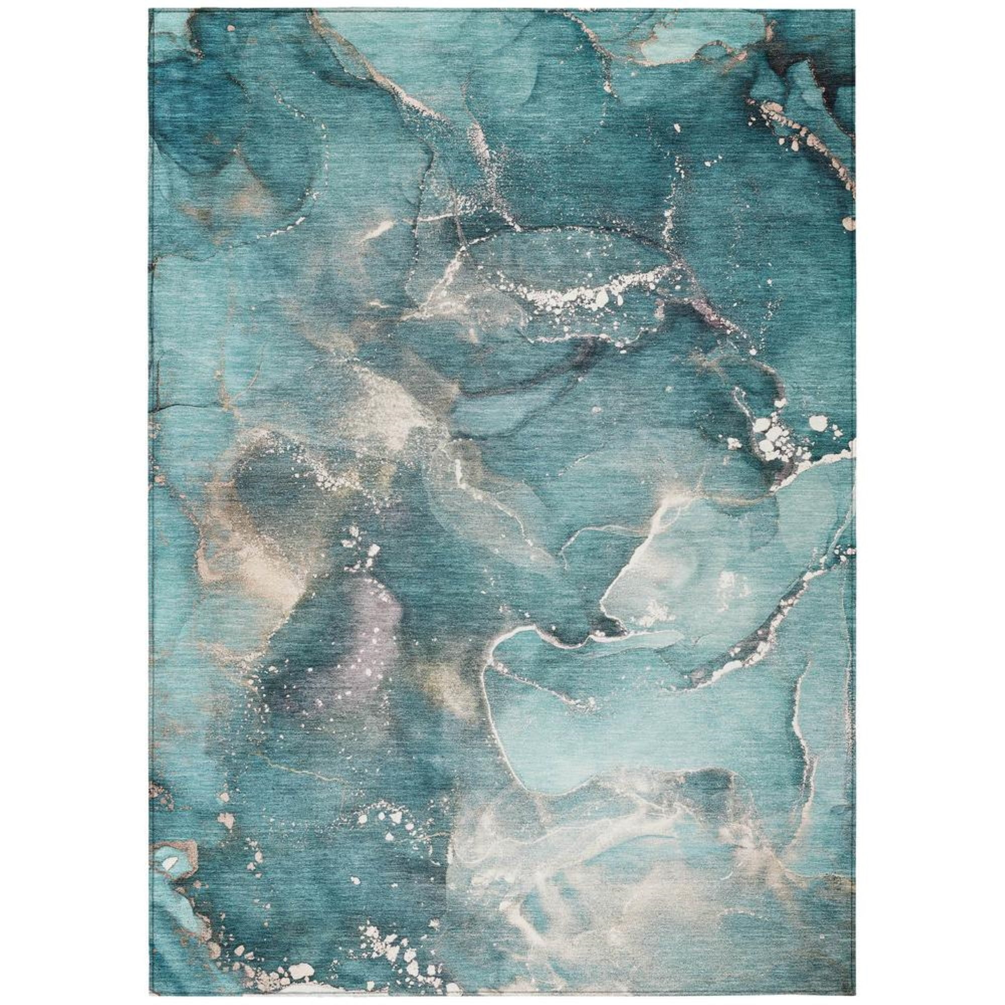 Teal Watercolor Pattern Machine Washable Indoor Outdoor Rug