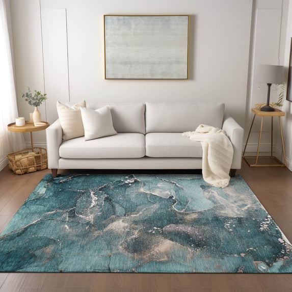Addison Rugs Chantille Indoor/Outdoor Transitional Watercolors Teal Washable Rectangle Rug, 9' x 12'