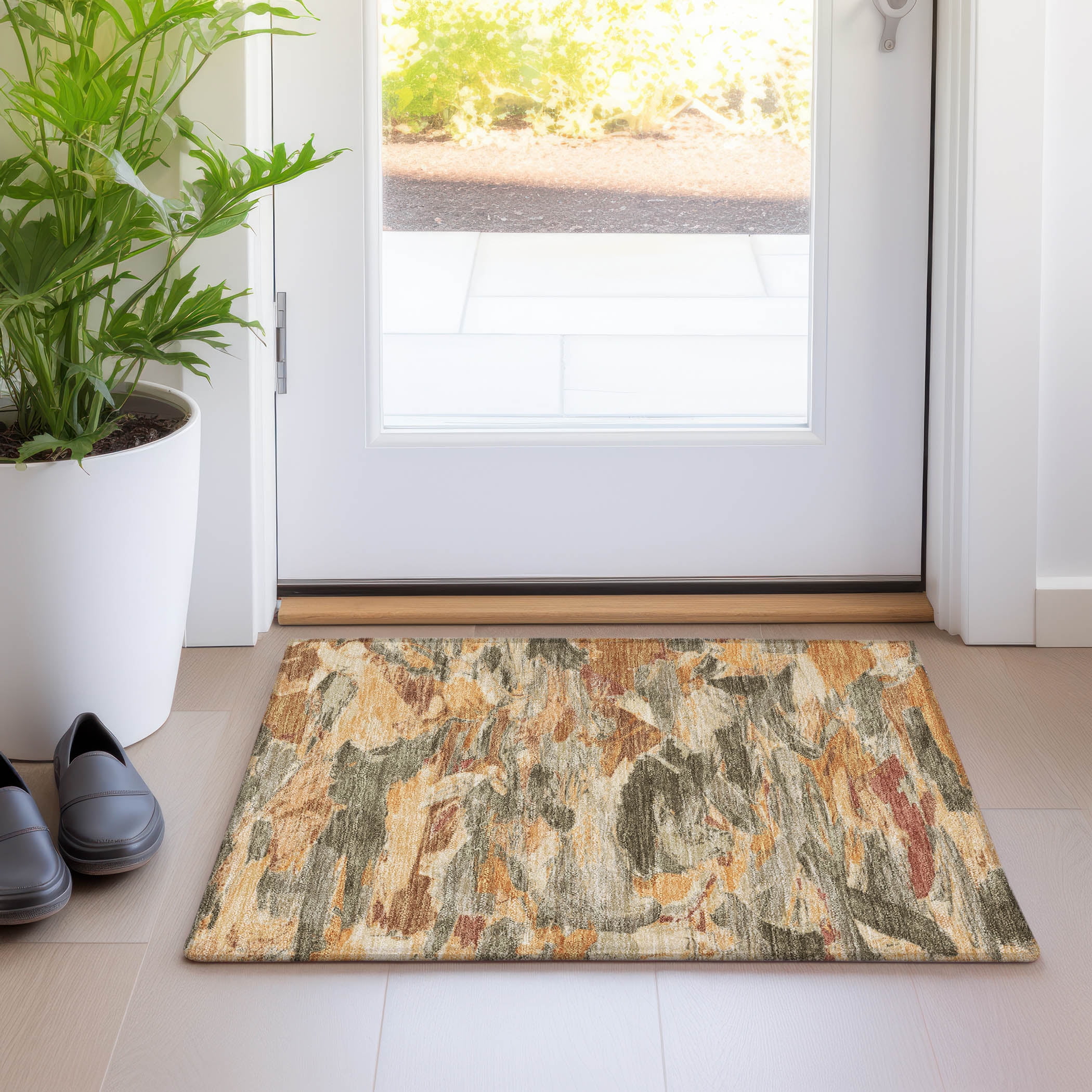 Copper and Beige Abstract Washable Synthetic Rug 20" x 30"