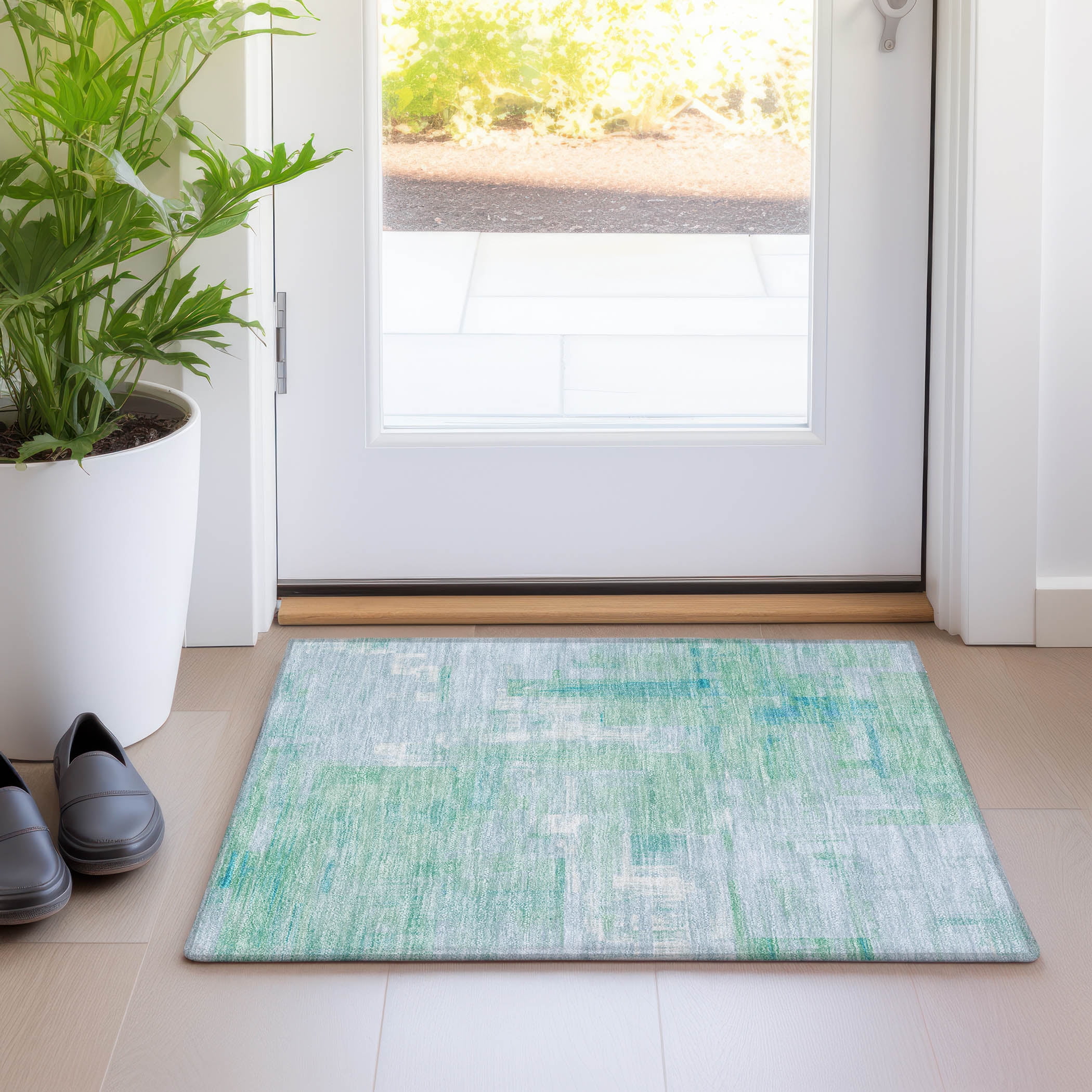 Sky Blue and Green Synthetic Flat Woven Washable Rug