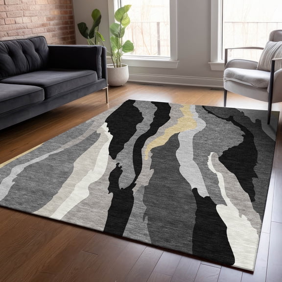 Addison Rugs Chantille Indoor/Outdoor Transitional Waves Black Washable Rectangle Rug, 5' x 7'6"