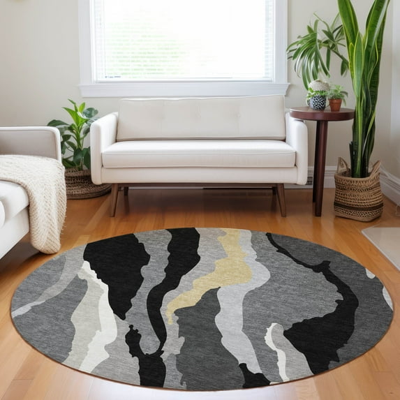 Addison Rugs Chantille Indoor/Outdoor Transitional Waves Black Washable Round Rug, 8' x 8'