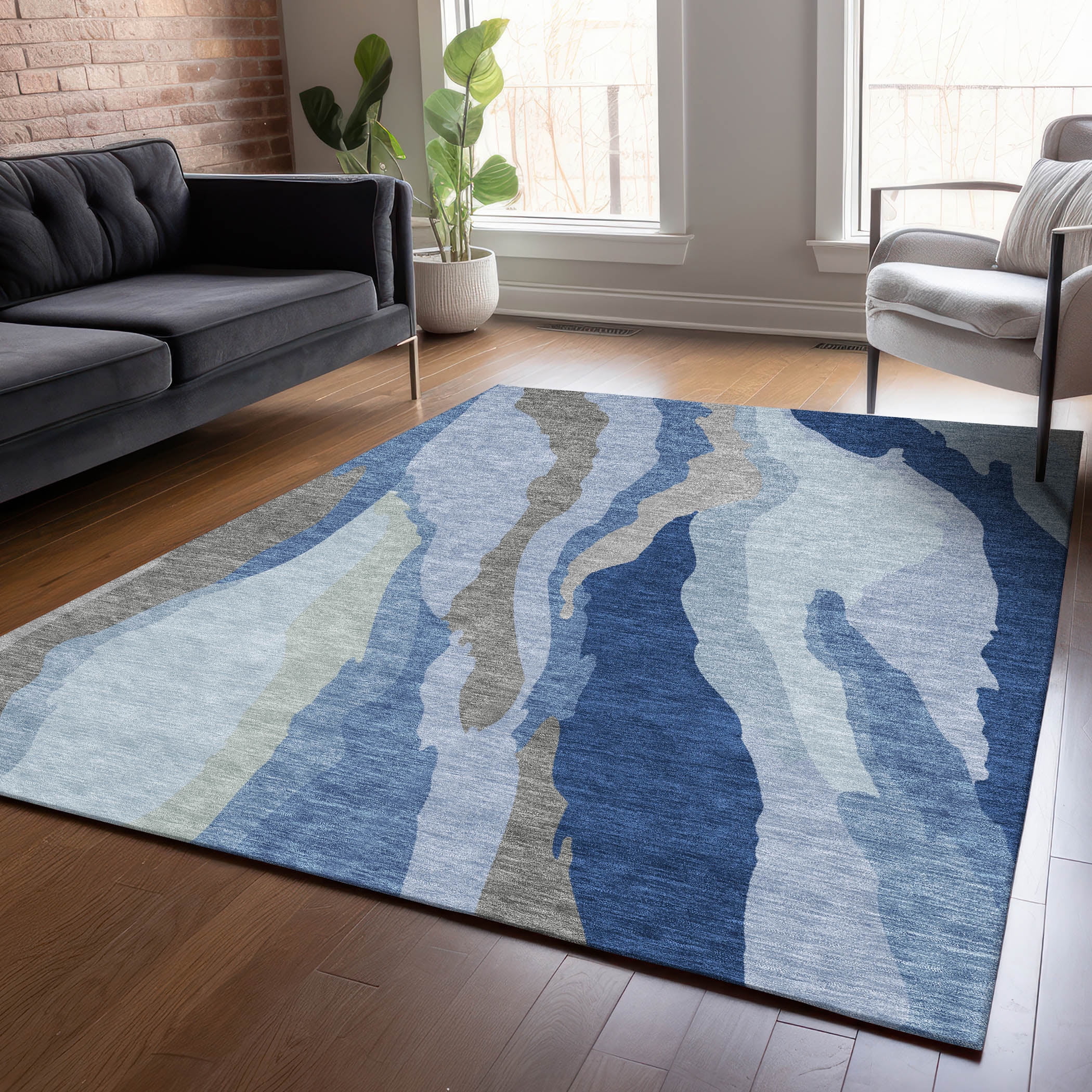 Blue Abstract Wave Pattern Washable Indoor/Outdoor Rug