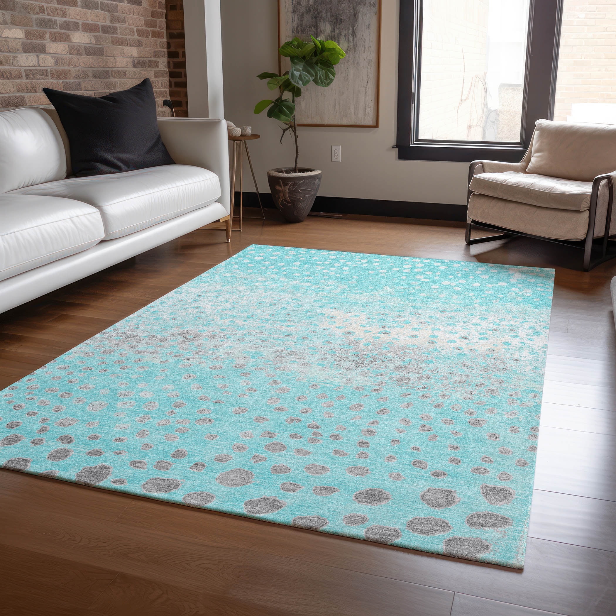 Aqua and Gray Synthetic Washable Reversible 3' x 5' Rug