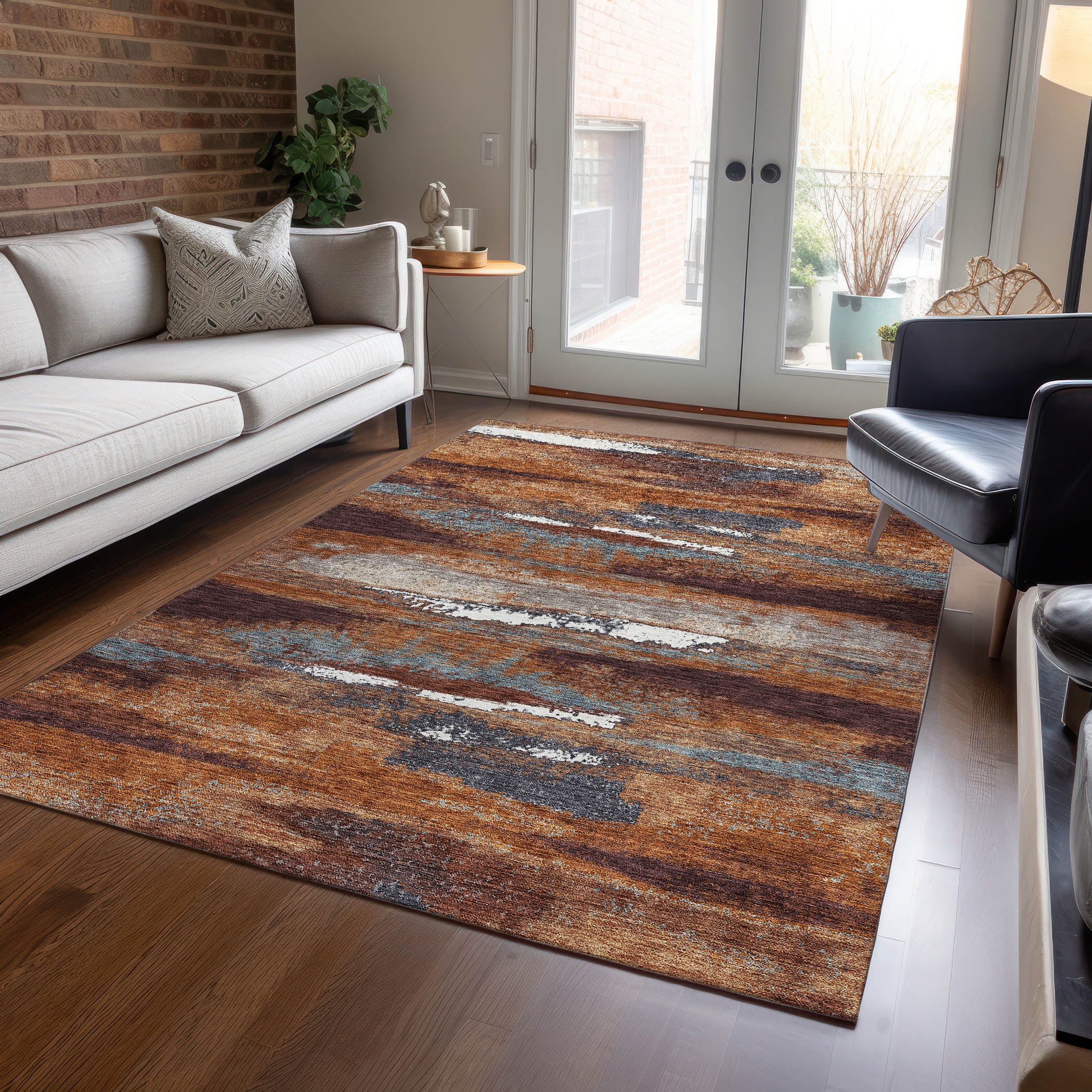 Copper and Orange Abstract Flat Woven Indoor Outdoor Rug