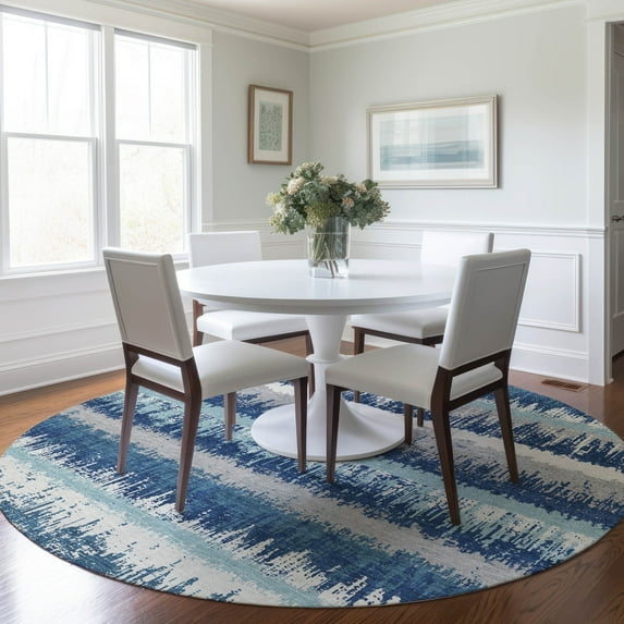 Addison Rugs Chantille Indoor/Outdoor Transitional Stripes Blue Washable Round Rug, 8' x 8'