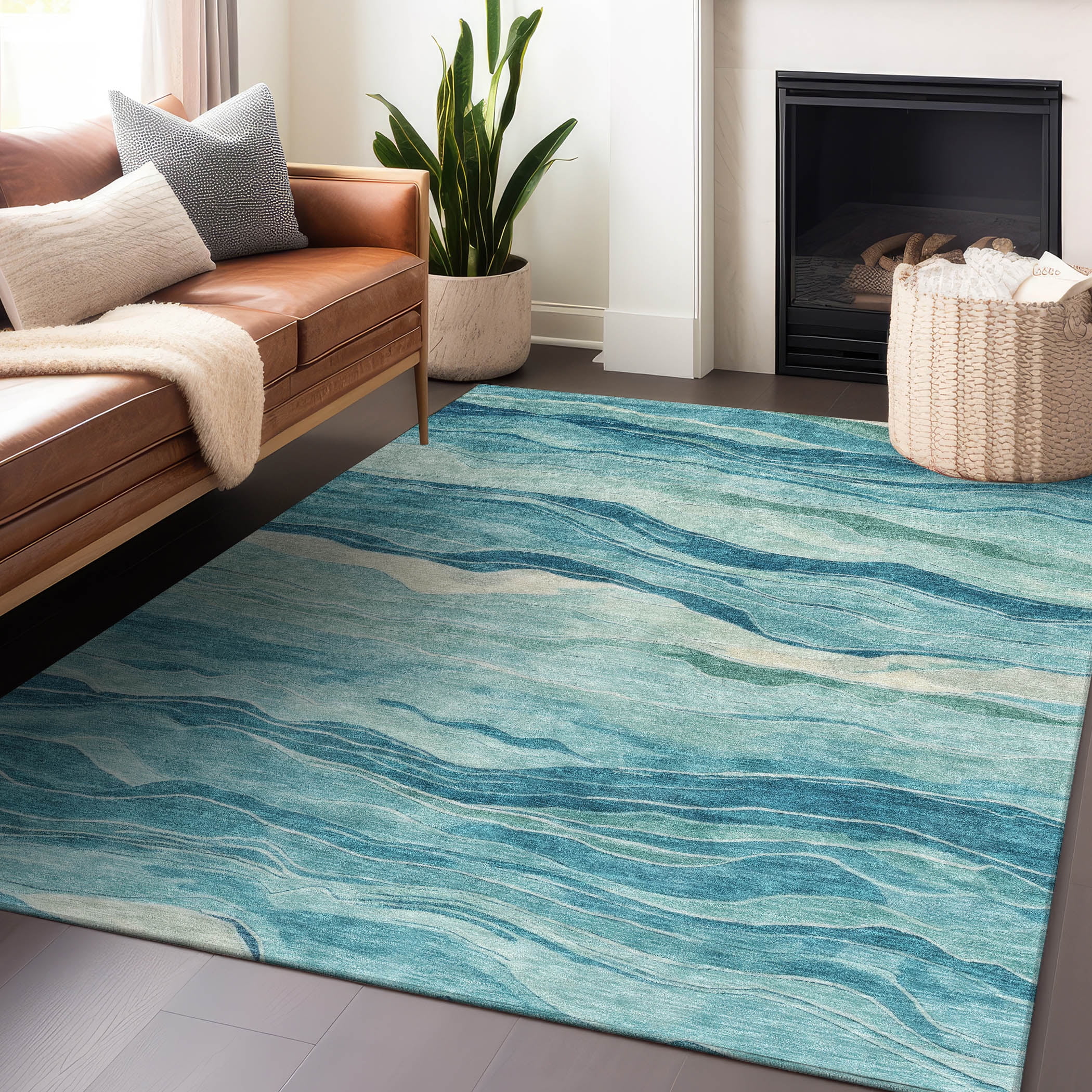 Turquoise and Blue Synthetic Flat Woven Washable Rug