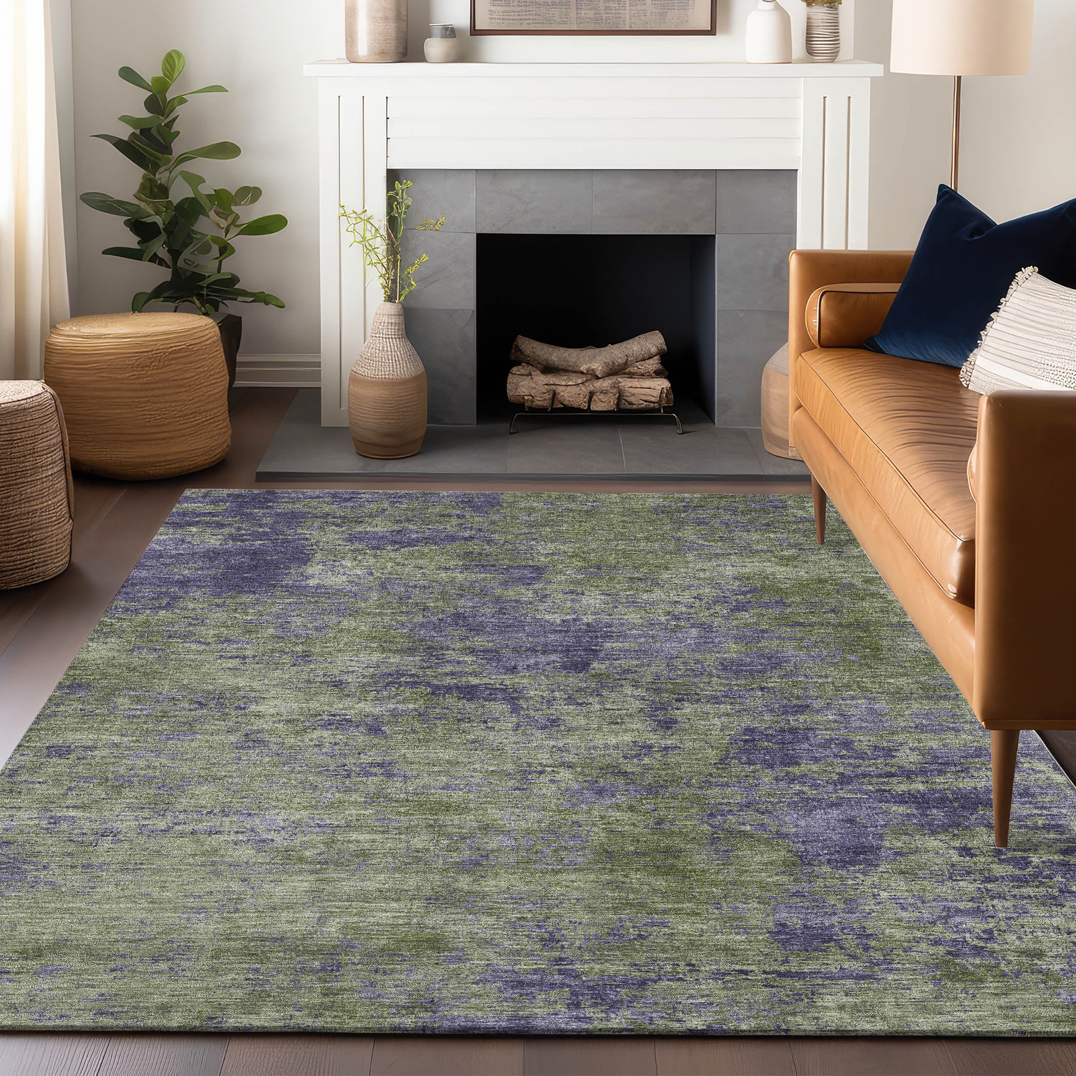 Machine Washable Olive and Purple Synthetic Area Rug