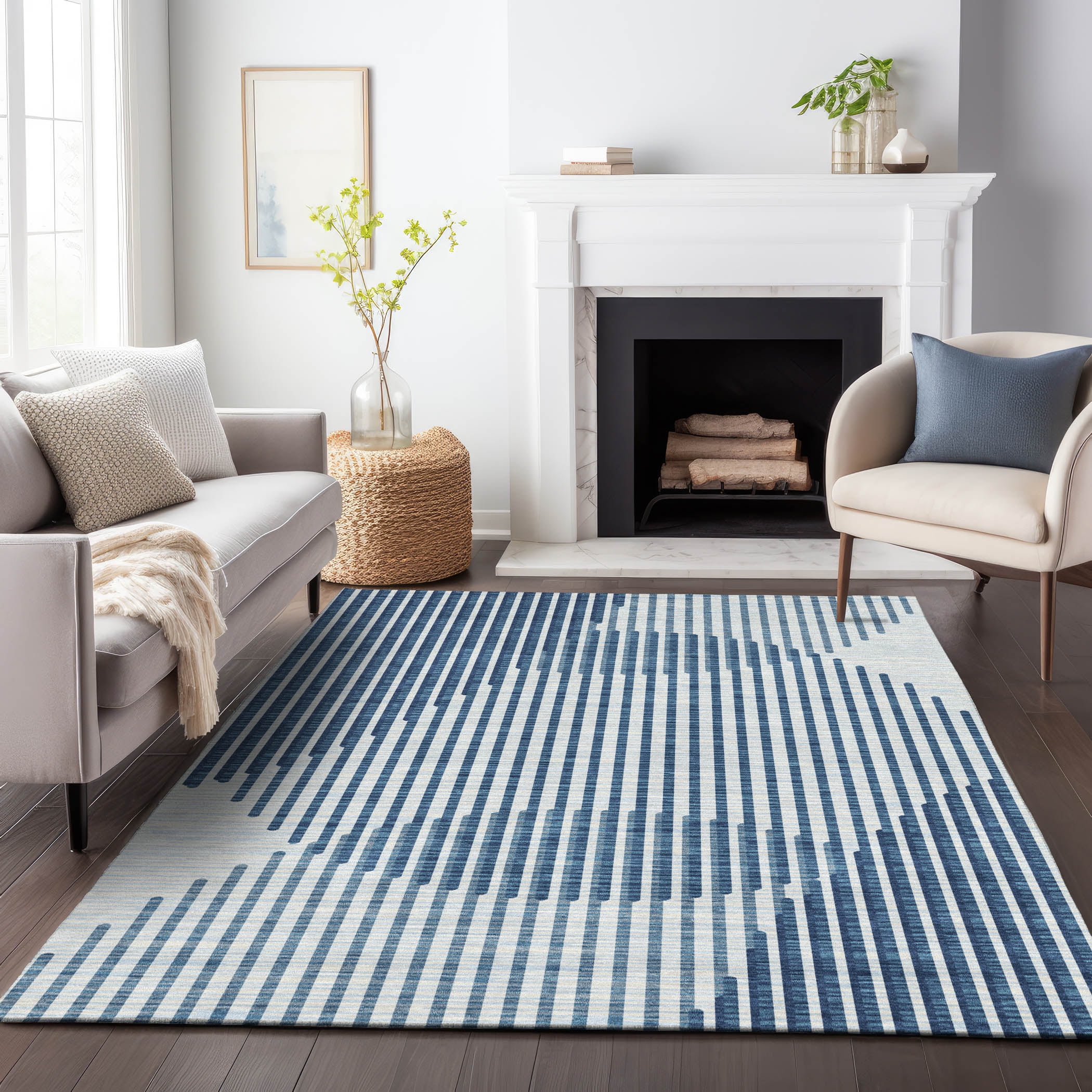 Blue and White Rectangular Machine Washable Synthetic Rug
