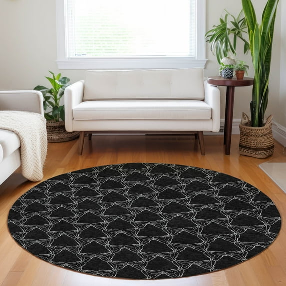 Addison Rugs Chantille Indoor/Outdoor Transitional Geometric Black Washable Round Rug, 8' x 8'