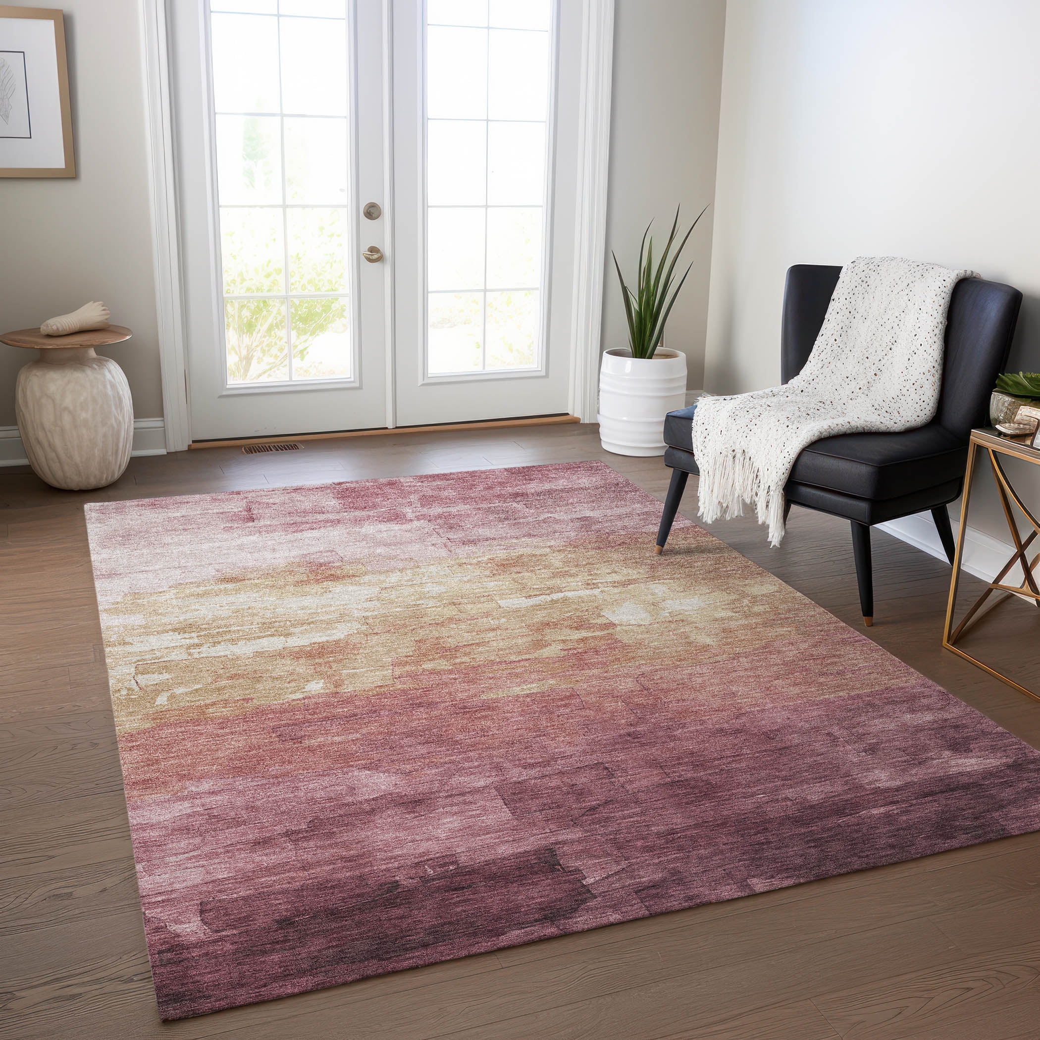 Addison Red and Beige Stripe Synthetic Washable Rug, 3' x 5'