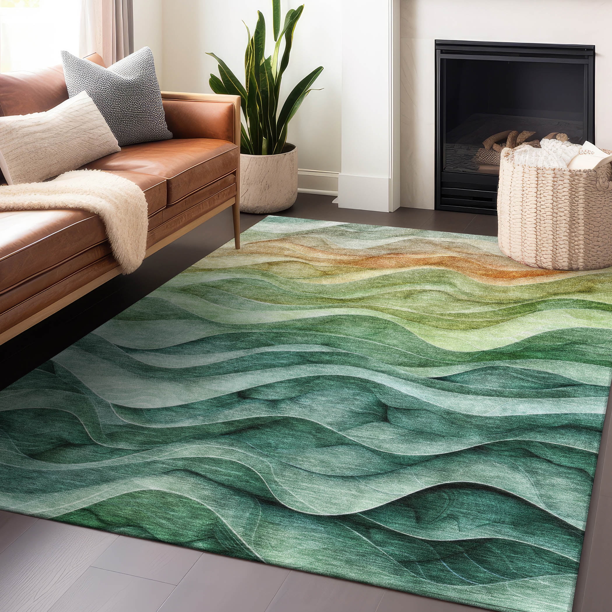 Teal and Green Wave Pattern Washable Synthetic Rug 8' x 10'