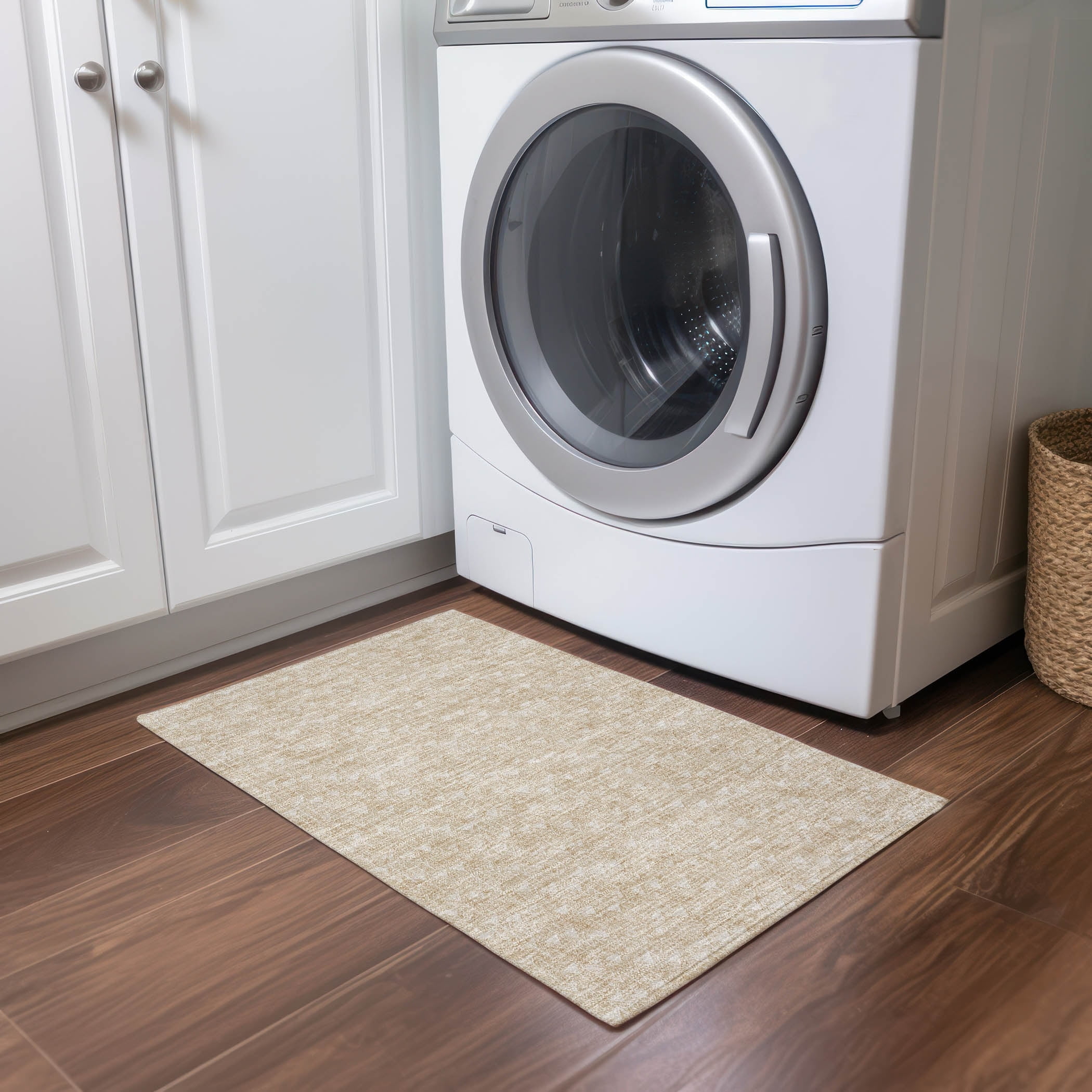 Beige Rectangular Machine-Washable Non-Slip Synthetic Rug 1'8" x 2'6"