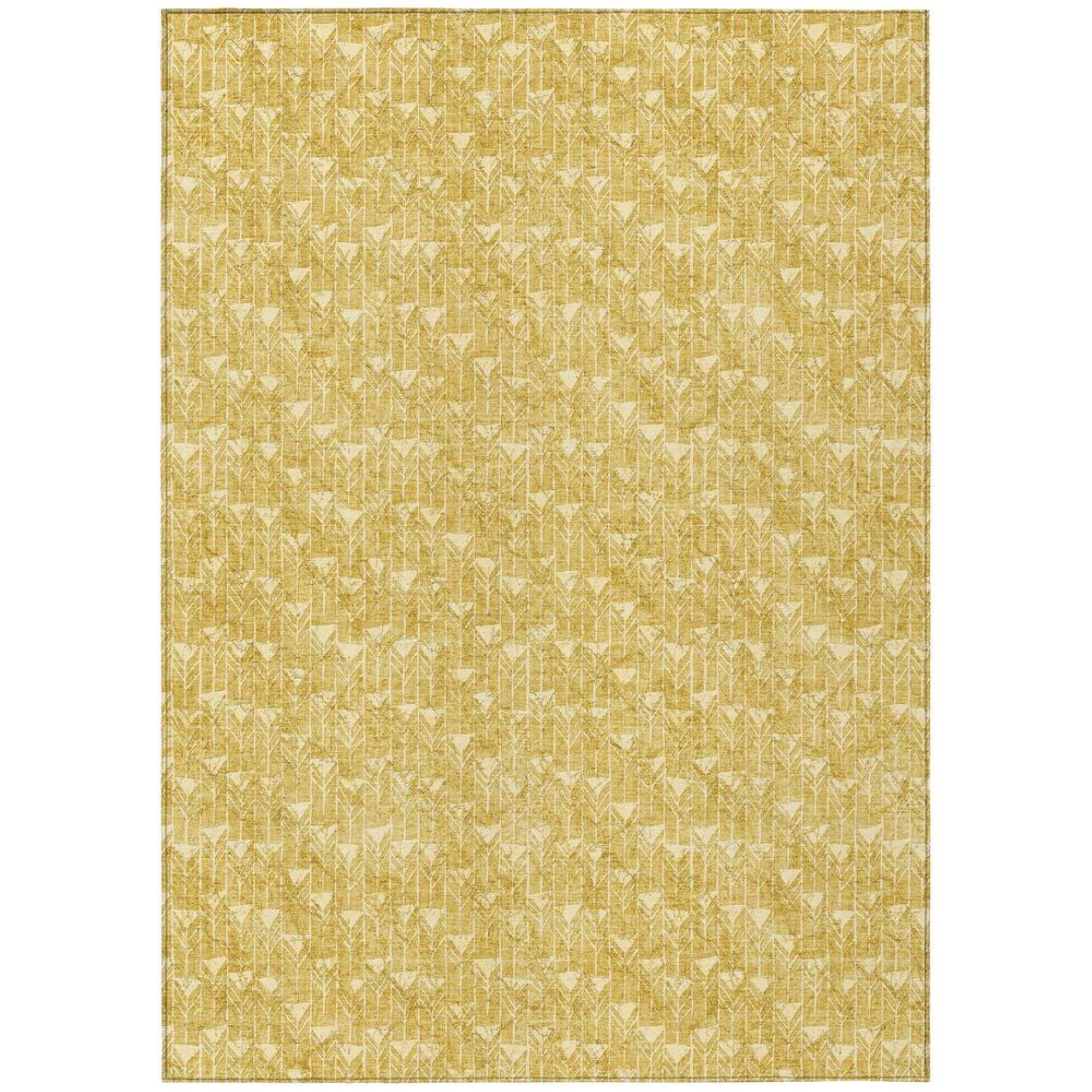 Gold Geometric Pattern Machine Washable Indoor Outdoor Rug
