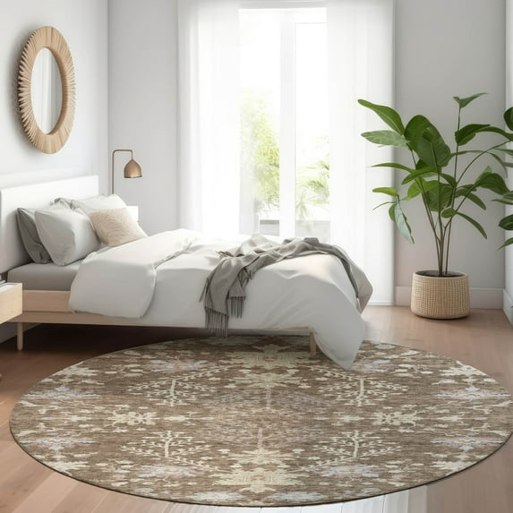 Addison Rugs Chantille Indoor/Outdoor Transitional Floral Brown Washable Round Rug, 8' x 8'