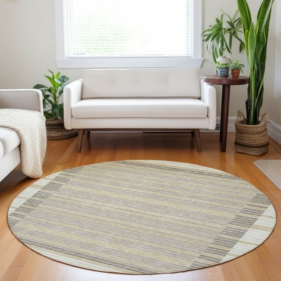 Addison Rugs Chantille Indoor/Outdoor Transitional Stripes Ivory Washable Round Rug, 8' x 8'