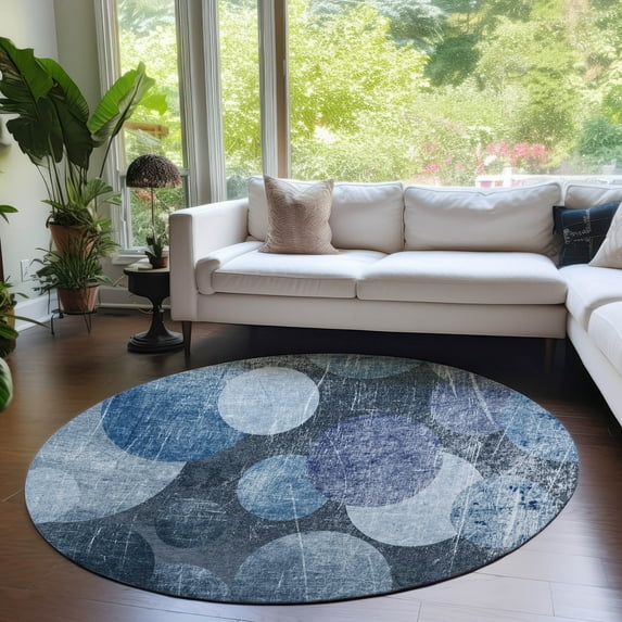 Addison Rugs Chantille Indoor/Outdoor Transitional Organic Blue Washable Round Rug, 8' x 8'