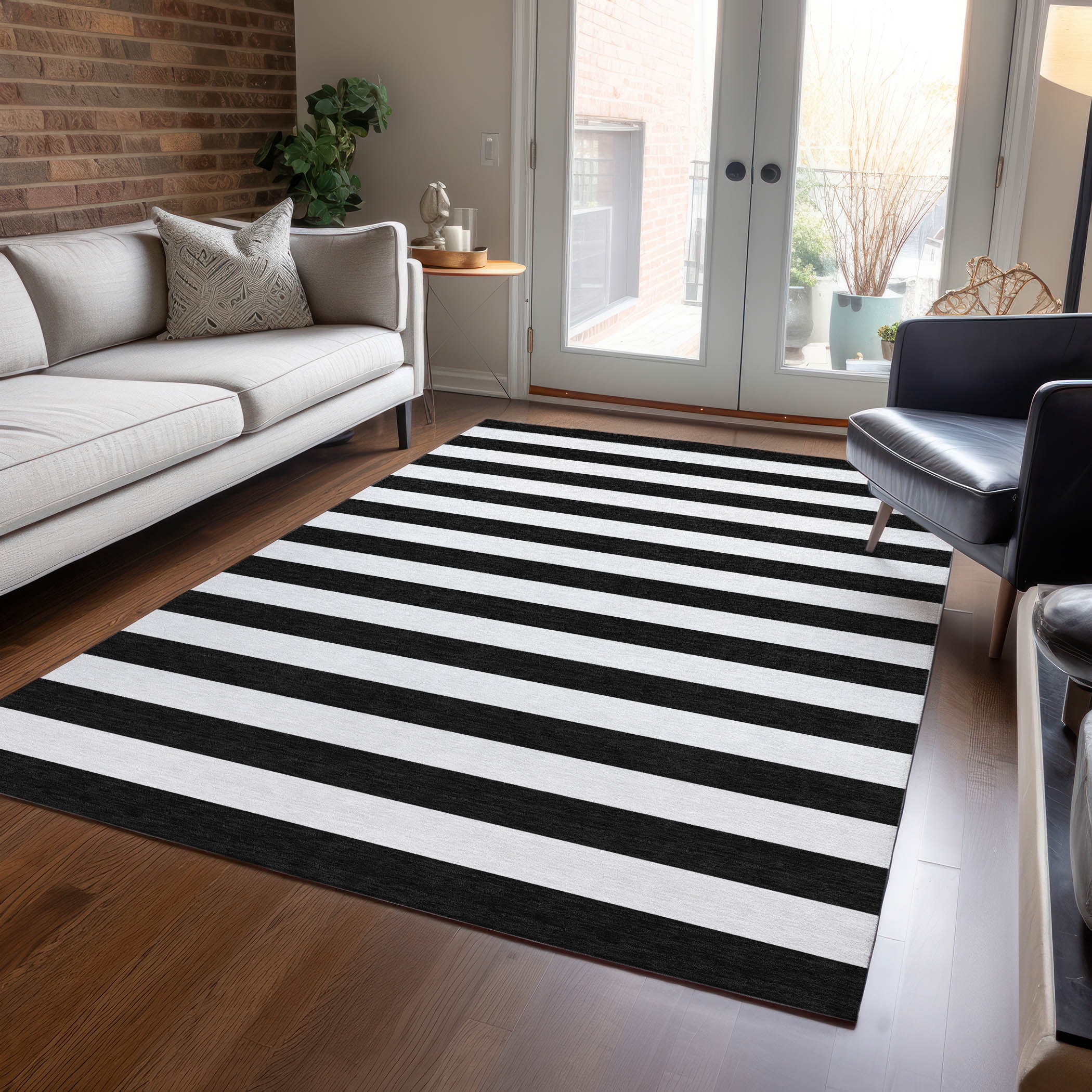 Addison Rugs Chantille Indoor/Outdoor Transitional Stripes Black Washable Rectangle Rug, 10' x 14'