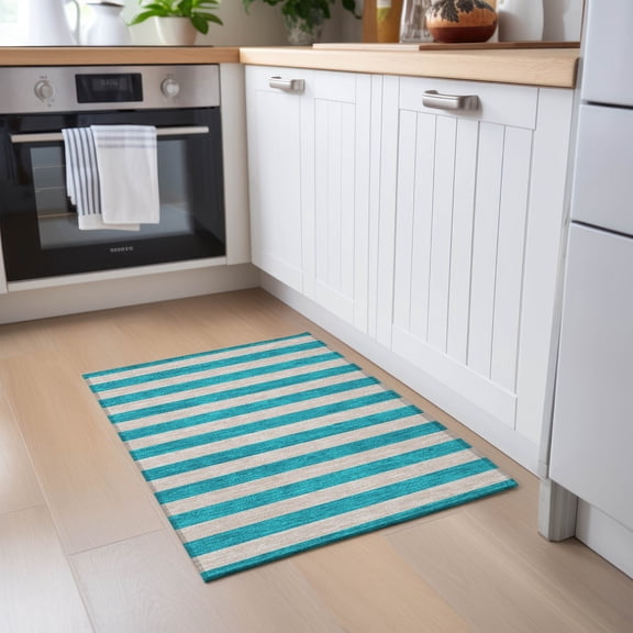 Addison Rugs Chantille Indoor/Outdoor Transitional Stripes Turquoise Washable Rectangle Rug, 1'8" x 2'6"