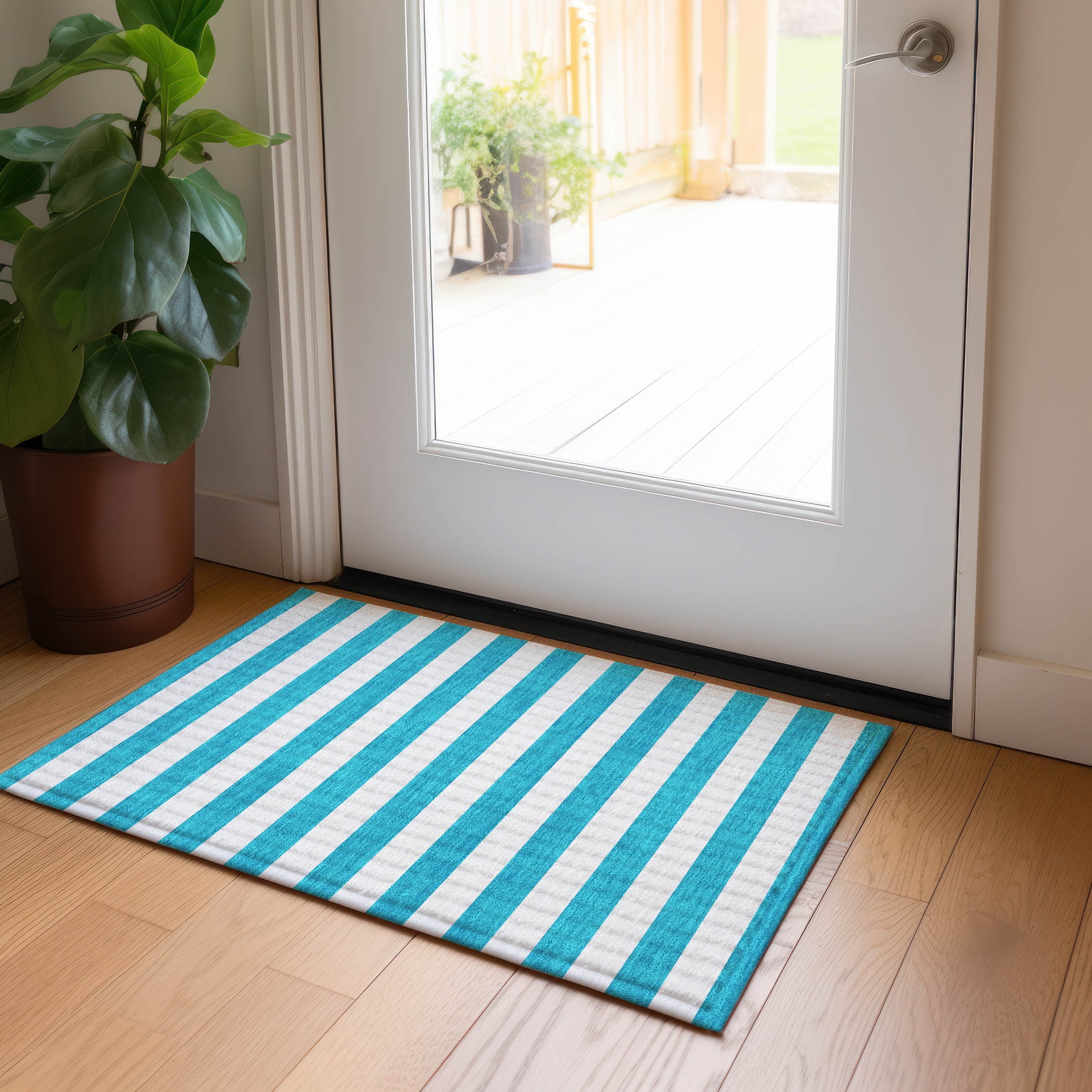 Addison Rugs Chantille Indoor/Outdoor Transitional Stripes Teal Washable Rectangle Rug, 1'8" x 2'6"