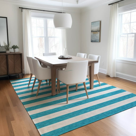 Addison Rugs Chantille Indoor/Outdoor Transitional Stripes Teal Washable Rectangle Rug, 8' x 10'