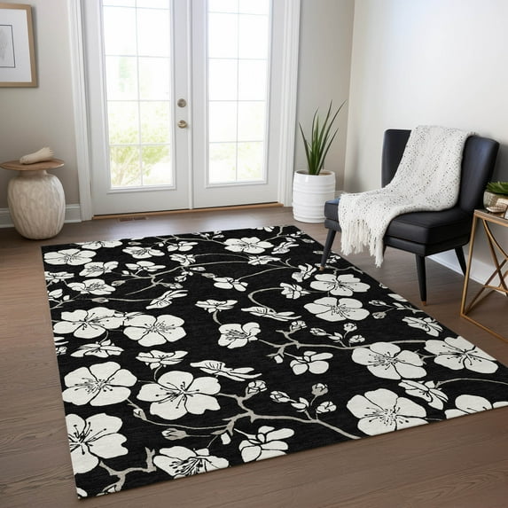 Addison Rugs Chantille Indoor/Outdoor Transitional Floral Black Washable Rectangle Rug, 10' x 14'