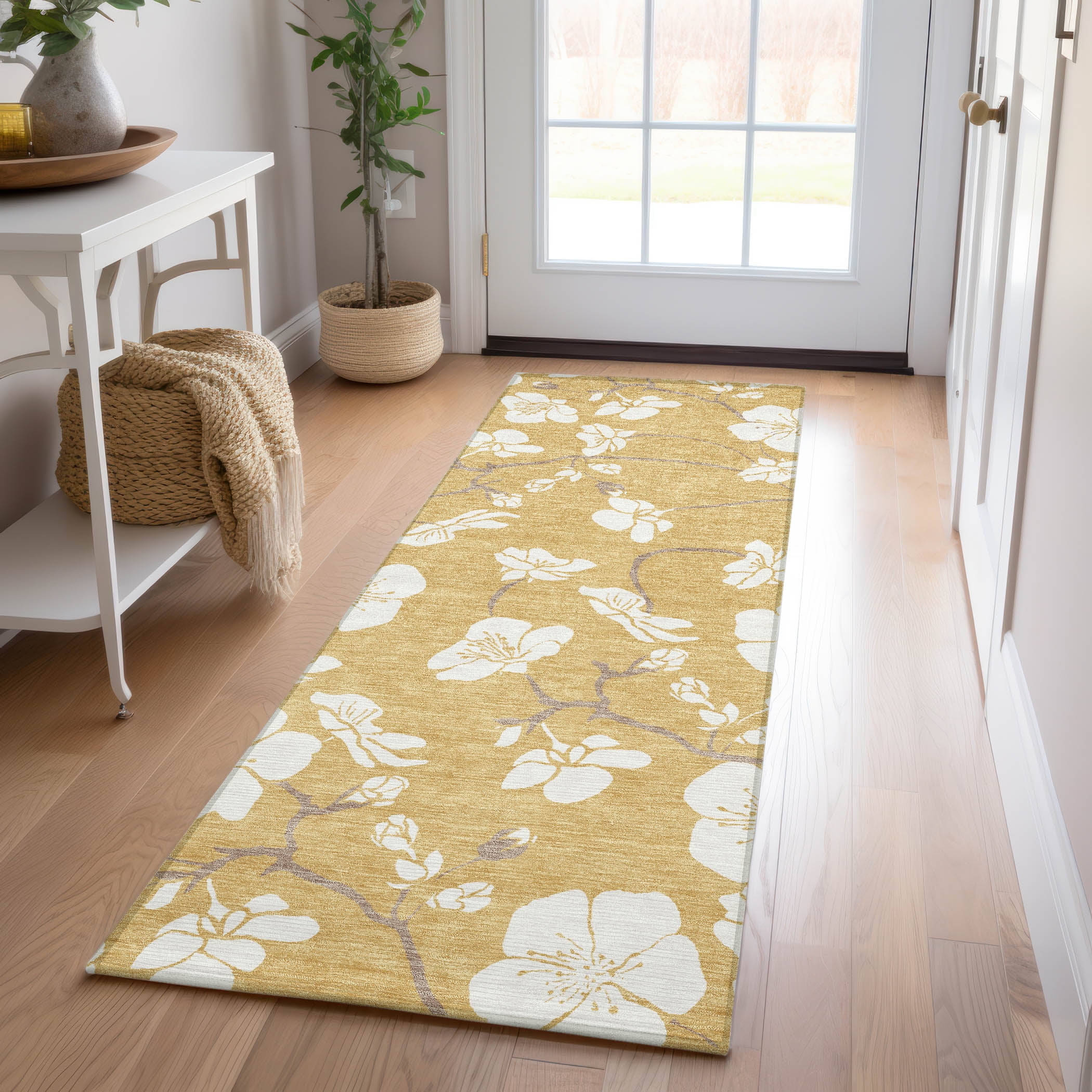 Gold and White Floral Synthetic Washable Runner Rug 2'3" x 7'6"
