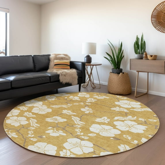 Addison Rugs Chantille Indoor/Outdoor Transitional Floral Gold Washable Round Rug, 8' x 8'