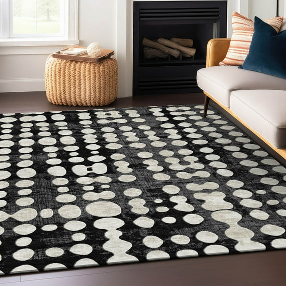 Addison Rugs Chantille Indoor/Outdoor Transitional Circles Black Washable Rectangle Rug, 9' x 12'