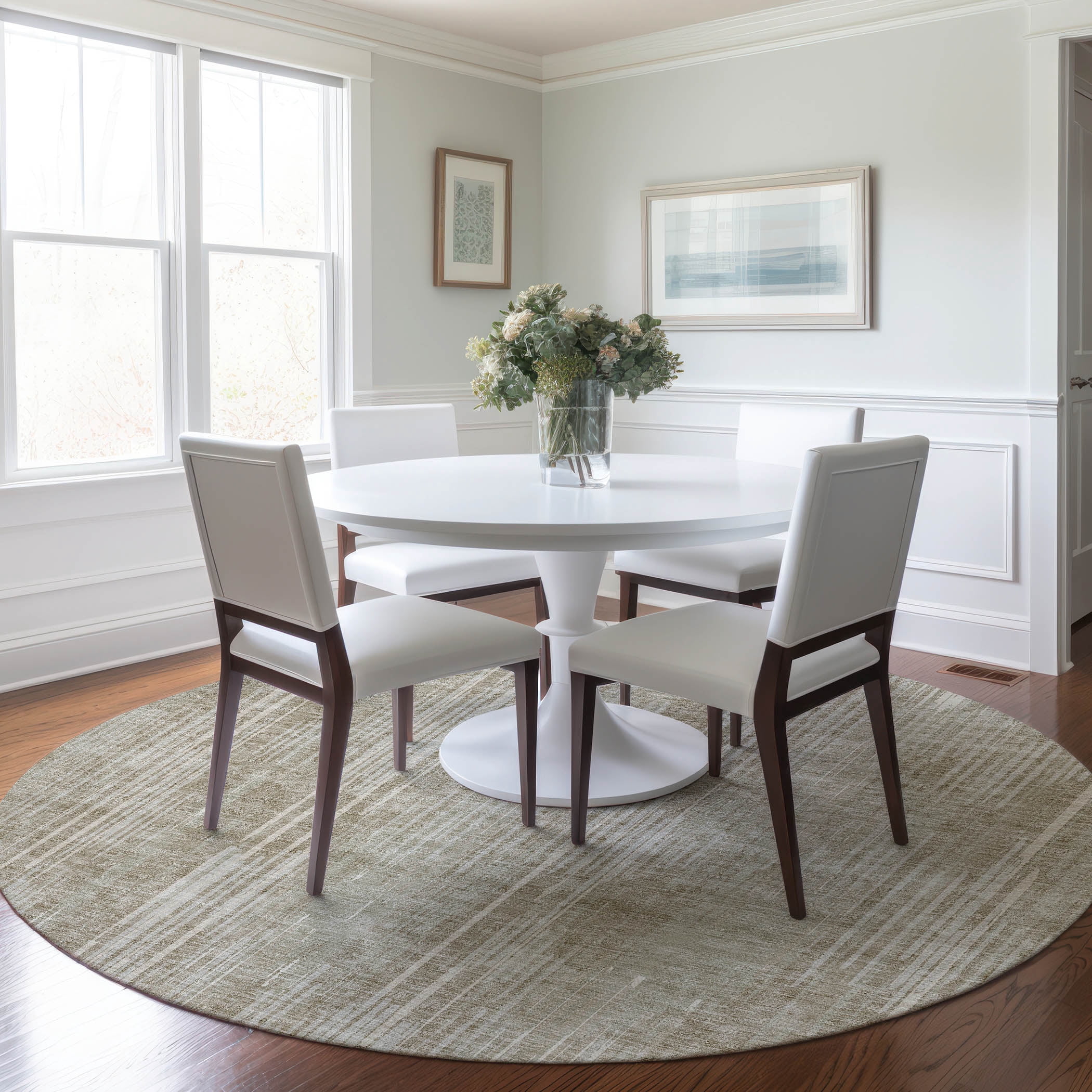 Addison Rugs Chantille Indoor/Outdoor Transitional Stripes Beige Washable Round Rug, 8' x 8'