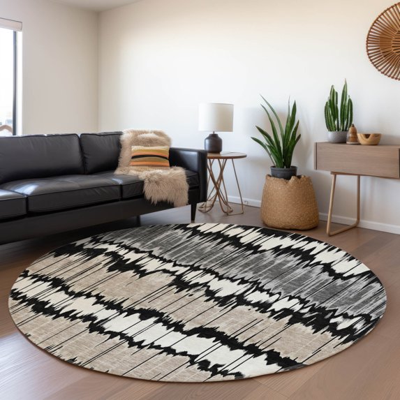 Addison Rugs Chantille Indoor/Outdoor Transitional Stripes Black Washable Round Rug, 8' x 8'